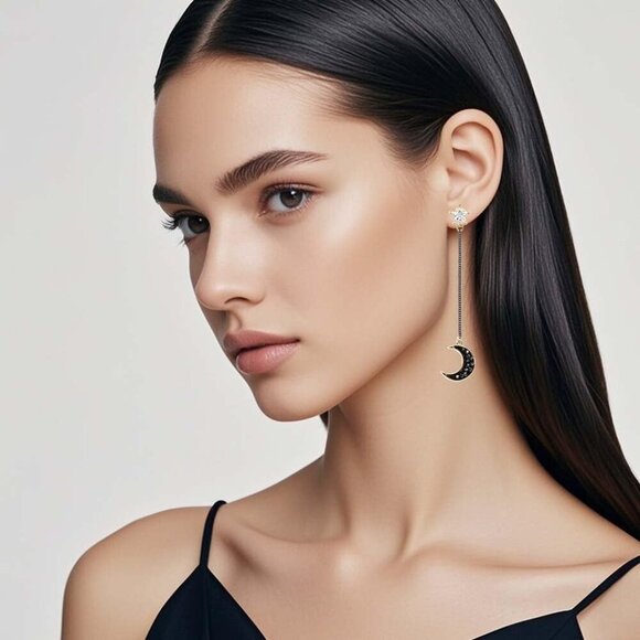 Stylish Mismatched Moon Star Earrings - Hypoallergenic Dangle Jewelry For Women - Picture 3 of 7